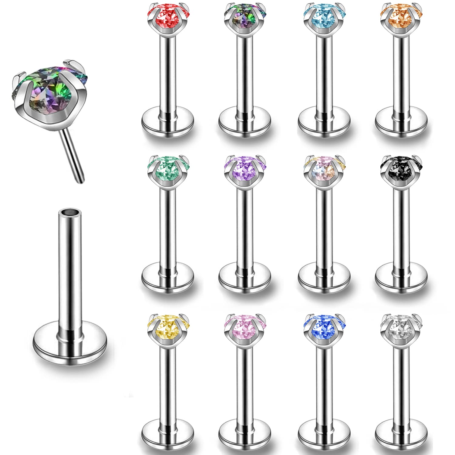 ZS 16G Stainless Steel Pushin Lip Rings, Colorful CZ Forward Helix Earring, Length 6/8/10mm Labret Monroe Medusa Piercing Jewelry for Women Men (E-CZ:3mm,L:10mm)