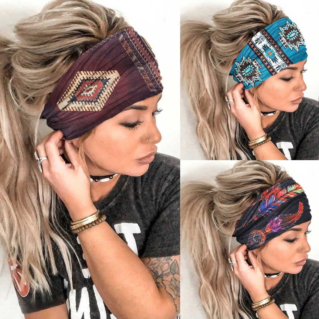 GORTIN Boho Headbands Green Stretch Wide Hair Bands Feather Print Turban Headband Yoga Head Wraps Elastic Head Band for Women and Girls Pack of 3 (Set 3)