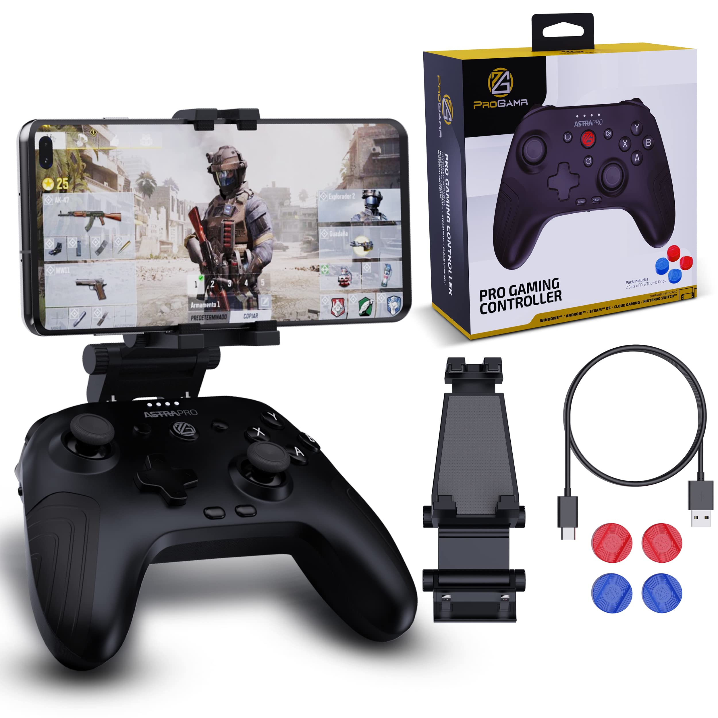 ProGAMR Bluetooth Controller for Gaming - Rechargeable with Detachable Phone Clip, Compatible with Windows, Android, PC