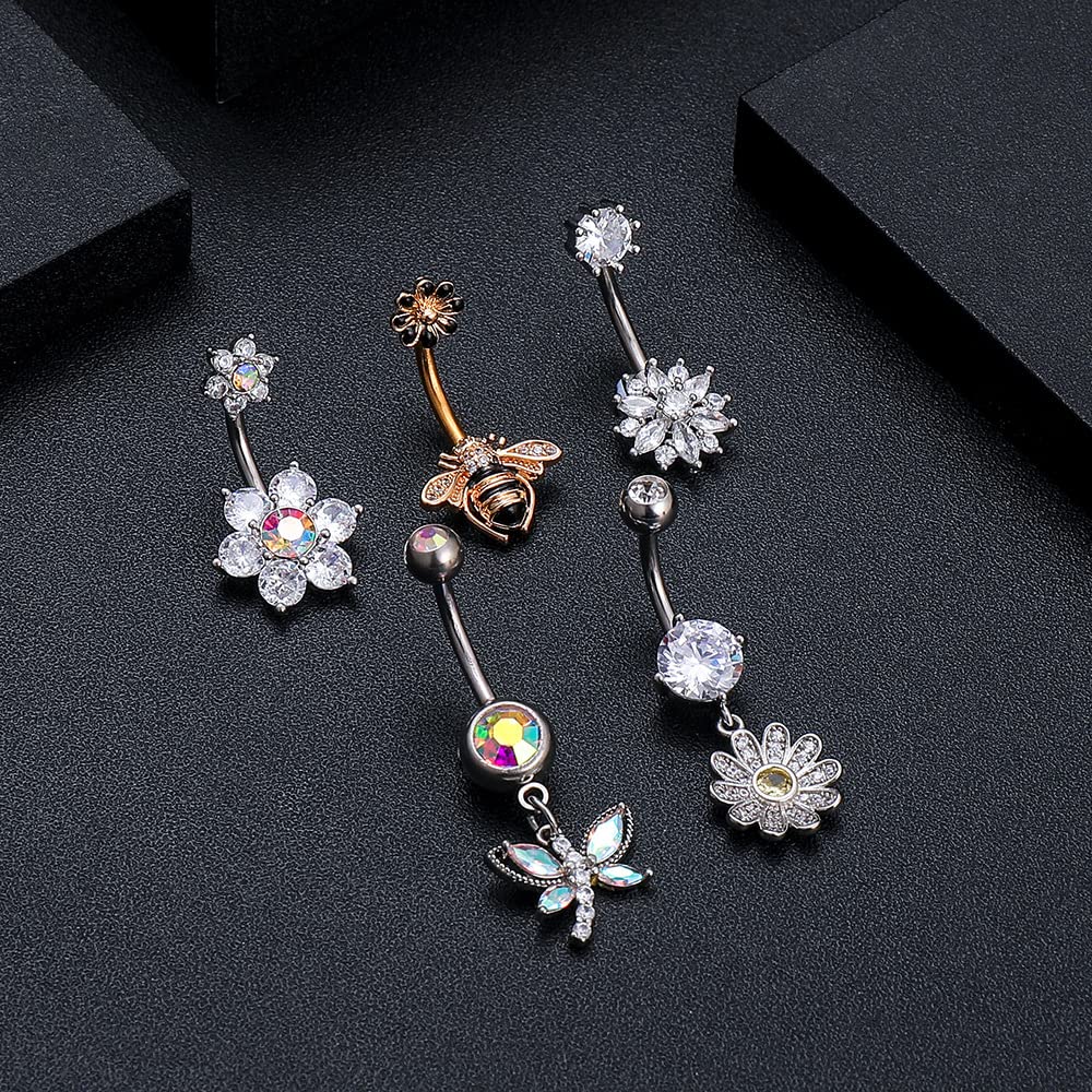 14G Cute Bee Daisy Flower Belly Button Rings for Women Stainless Steel Dainty Cubic Zirconia Crystal Dragonfly Navel Piercing Barbell Studs Belly Bar Fashion Jewelry Gifts BFF (Bee)