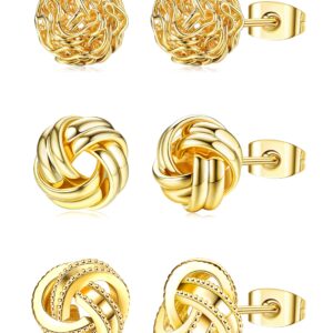 HAIAISO 3 Pairs Gold Love Knot Earrings For Women 14K Gold Plated Woven Ball Stud Earrings Love Knot Post Earrings for Sensitive Ears(Gold)