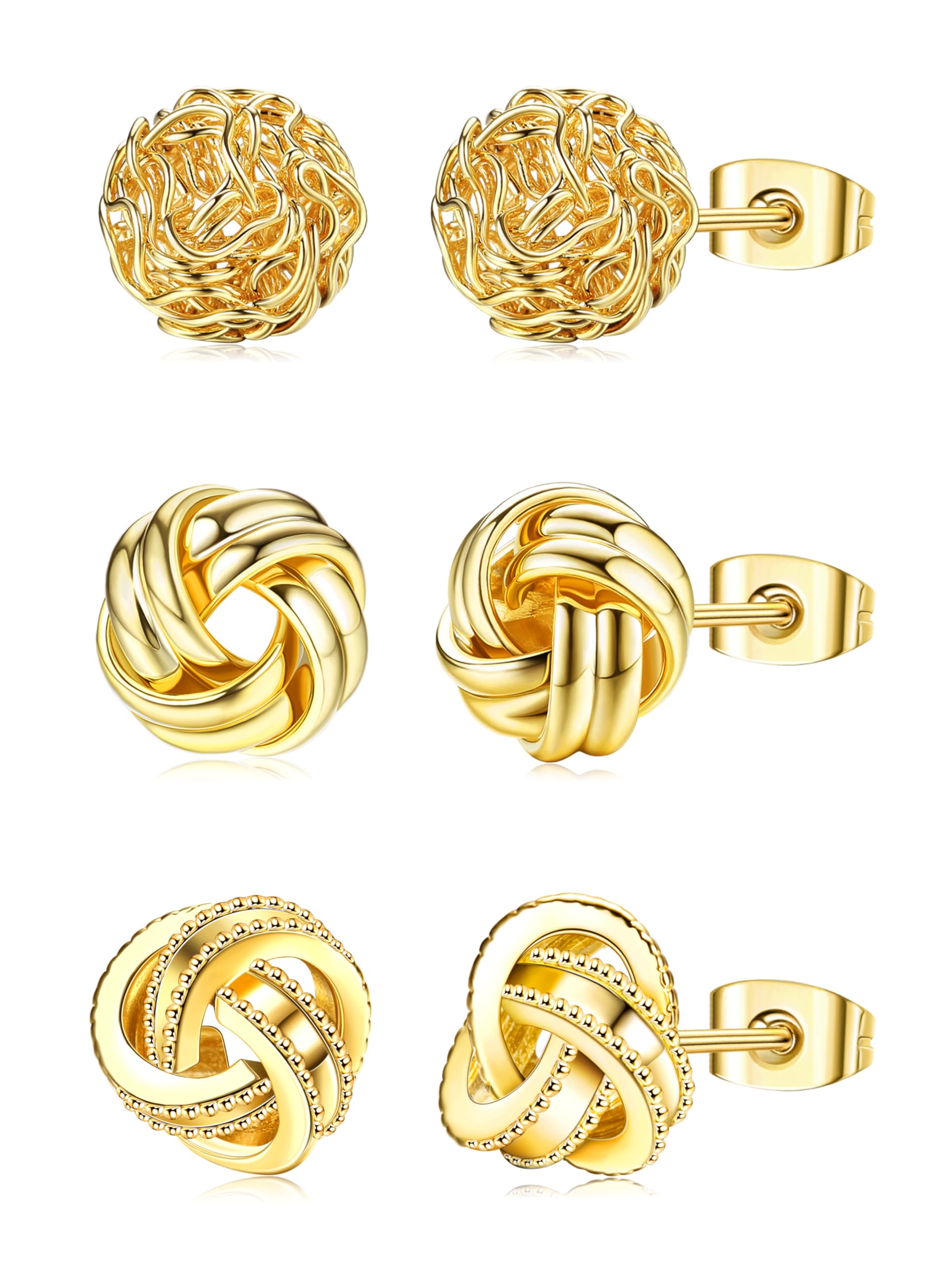 HAIAISO 3 Pairs Gold Love Knot Earrings For Women 14K Gold Plated Woven Ball Stud Earrings Love Knot Post Earrings for Sensitive Ears(Gold)