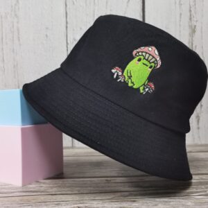 Enodtter Frog with Mushroom Embroidered Bucket Hat for Men Women Girl, Black Summer Travel Fisherman Beach Sun Hat Embroidery Outdoor Cap Unisex