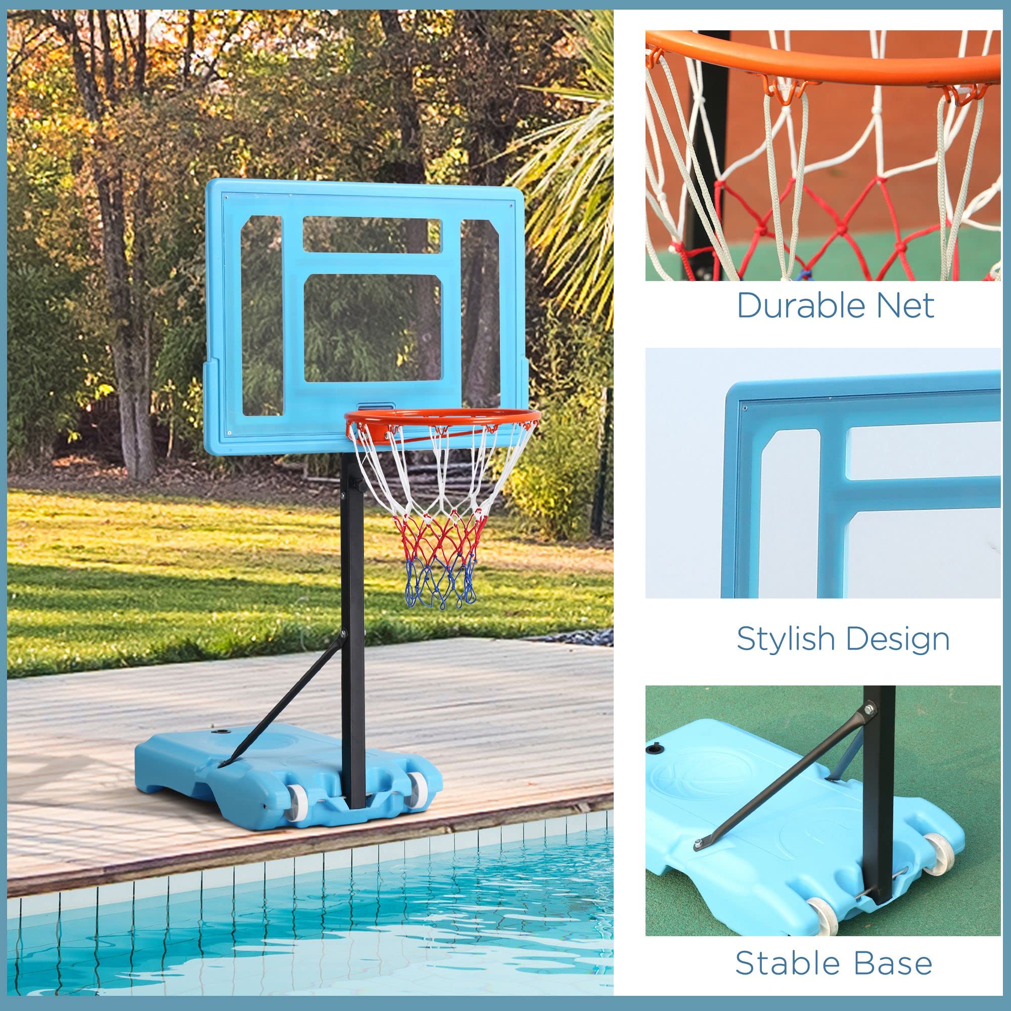 Soozier Poolside Basketball Hoop Stand, 36.5"-48.5" Height Adjustable Portable Hoop System w/Clear Backboard & Fillable Base for Whole Family, Blue