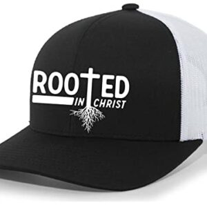 Christian Rooted in Christ Cross Mens Embroidered Mesh Back Trucker Hat, Black/White