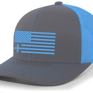 Christian American Flag Cross Mens Embroidered Mesh Back Trucker Hat, Charcoal/Neon Blue