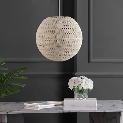 JONATHAN Y JYL6503B Luna 15.75" 1-Light Bohemian Modern Woven Rattan/Iron LED Pendant Farmhouse Coastal Adjustable Dining Room Living Room Kitchen Island Foyer Bedroom Hallway, Cream/White