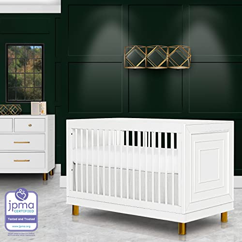 Evolur Loft Art Deco 3-in-1 Convertible Crib in White with Gold Hardware, Greenguard Gold Certified, 3 Mattress Height Settings, Features Rounded Spindles, Converts to Toddler Bed & Daybed