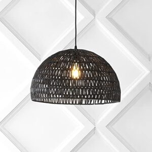 JONATHAN Y JYL6504C Campana 20" 1-Light Bohemian Modern Woven Rattan/Iron LED Pendant Farmhouse Coastal Adjustable Dining Room Living Room Kitchen Island Foyer Bedroom Hallway, Black