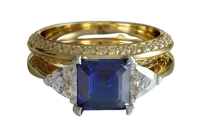 BeBold 3ct Asscher Cut Created Blue Sapphire Engagement Ring for Women Bridal Set Yellow Gold Plated