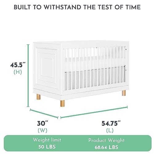 Evolur Loft Art Deco 3-in-1 Convertible Crib in White with Gold Hardware, Greenguard Gold Certified, 3 Mattress Height Settings, Features Rounded Spindles, Converts to Toddler Bed & Daybed