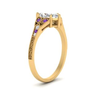 Jewelryonclick Split Band Antique Engagement Ring Yellow Gold Plated Natural Amethyst Marquise Shape Purple Color Side Stone Engagement Rings Pave Setting in Size 9 Fashion Jewelry