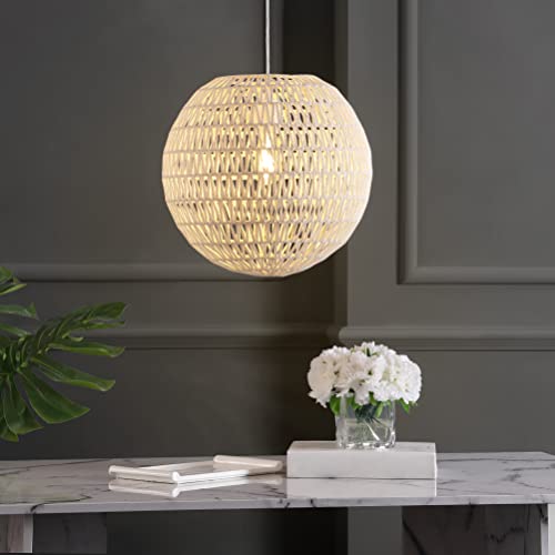 JONATHAN Y JYL6503B Luna 15.75" 1-Light Bohemian Modern Woven Rattan/Iron LED Pendant Farmhouse Coastal Adjustable Dining Room Living Room Kitchen Island Foyer Bedroom Hallway, Cream/White