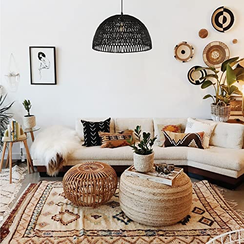 JONATHAN Y JYL6504C Campana 20" 1-Light Bohemian Modern Woven Rattan/Iron LED Pendant Farmhouse Coastal Adjustable Dining Room Living Room Kitchen Island Foyer Bedroom Hallway, Black