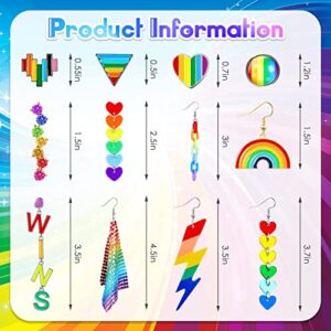 12 Pairs Rainbow Earrings Gay Pride Earrings LGBTQ Mesh Drop Clip on Earrings Lightweight Chain Rainbow Earrings Dangle Earrings Round Heart Lightning Drop Earrings for Women Men