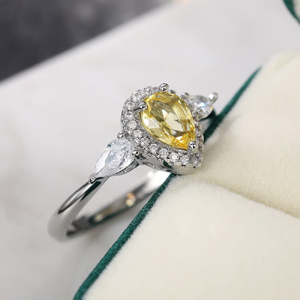 925 Sterling Silver CZ Sparkling Full Diamond Simple Yellow Waterdrop Pear Shaped Zircon Ring for Women Fashion Business Accessory Ring Eternity Engagement Wedding Ring Promise Ring 539 (6)