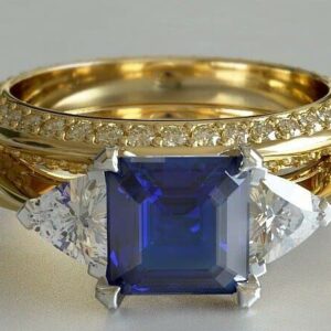 BeBold 3ct Asscher Cut Created Blue Sapphire Engagement Ring for Women Bridal Set Yellow Gold Plated