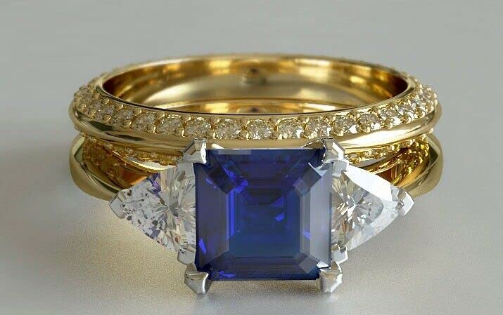 BeBold 3ct Asscher Cut Created Blue Sapphire Engagement Ring for Women Bridal Set Yellow Gold Plated