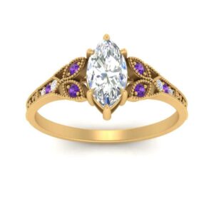 Jewelryonclick Split Band Antique Engagement Ring Yellow Gold Plated Natural Amethyst Marquise Shape Purple Color Side Stone Engagement Rings Pave Setting in Size 9 Fashion Jewelry