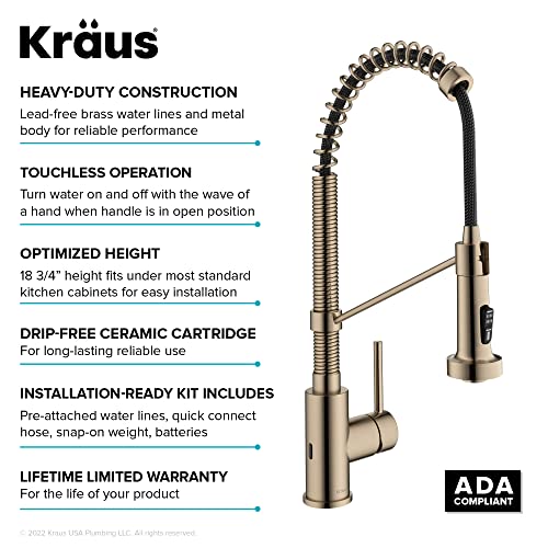 KRAUS Bolden Touchless Sensor Commercial Style 2-Function Single Handle Pull-Down Kitchen Faucet in Spot-Free Antique Champagne Bronze, KSF-1610SFACB