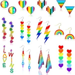 12 Pairs Rainbow Earrings Gay Pride Earrings LGBTQ Mesh Drop Clip on Earrings Lightweight Chain Rainbow Earrings Dangle Earrings Round Heart Lightning Drop Earrings for Women Men