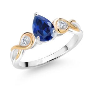 Gem Stone King 925 Sterling Silver and 10K Yellow Gold Pear Shape Blue Created Sapphire and White Lab Grown Diamond Ring For Women (2.05 Cttw, Available In Size 5, 6, 7, 8, 9)