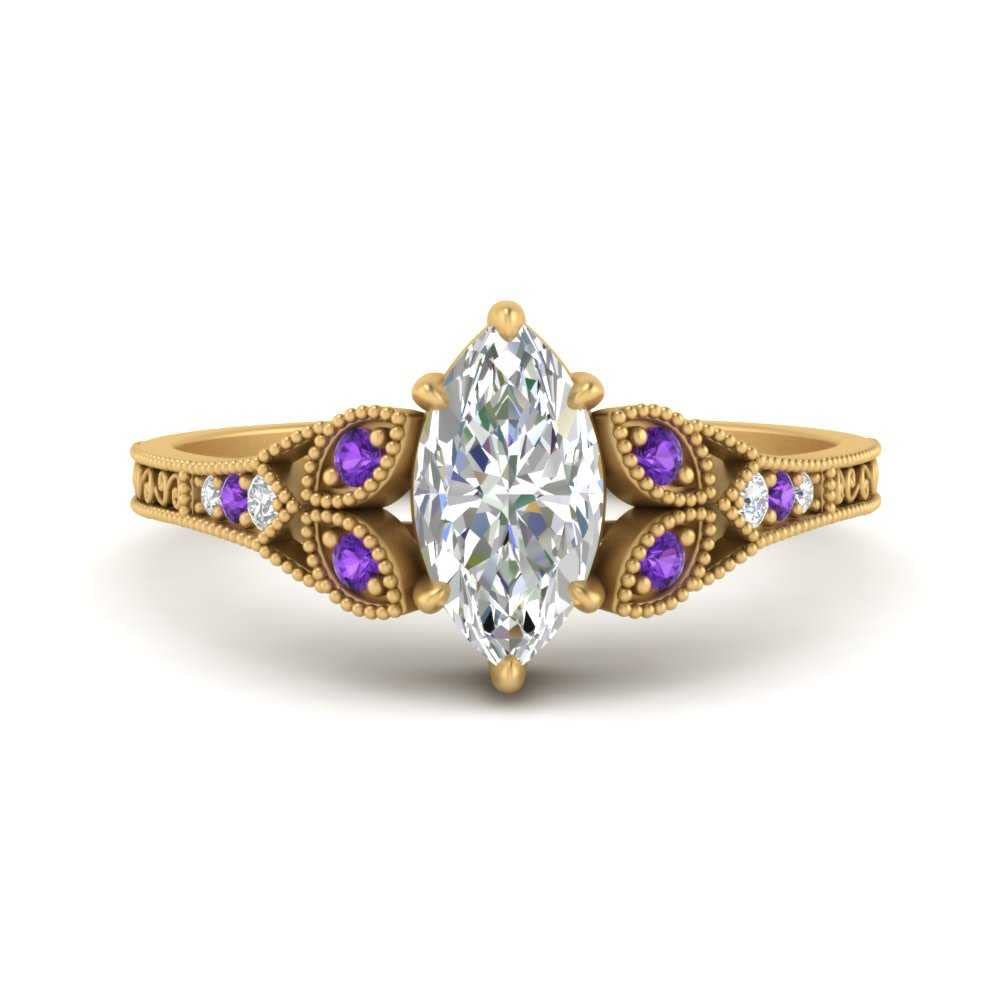 Jewelryonclick Split Band Antique Engagement Ring Yellow Gold Plated Natural Amethyst Marquise Shape Purple Color Side Stone Engagement Rings Pave Setting in Size 9 Fashion Jewelry