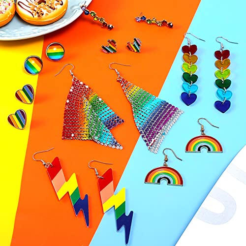 12 Pairs Rainbow Earrings Gay Pride Earrings LGBTQ Mesh Drop Clip on Earrings Lightweight Chain Rainbow Earrings Dangle Earrings Round Heart Lightning Drop Earrings for Women Men