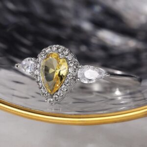 925 Sterling Silver CZ Sparkling Full Diamond Simple Yellow Waterdrop Pear Shaped Zircon Ring for Women Fashion Business Accessory Ring Eternity Engagement Wedding Ring Promise Ring 539 (6)