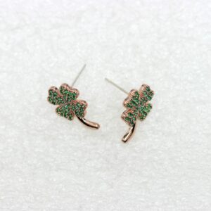 Faship Green Cubic Zirconia CZ Crystal Shamrock Clover 4 Leaf Stud Earrings - Green/Rose Gold Plated