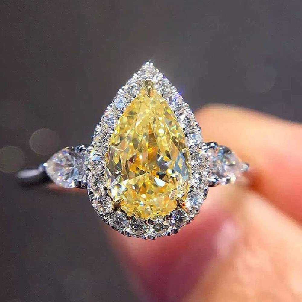 925 Sterling Silver CZ Sparkling Full Diamond Simple Yellow Waterdrop Pear Shaped Zircon Ring for Women Fashion Business Accessory Ring Eternity Engagement Wedding Ring Promise Ring 539 (6)