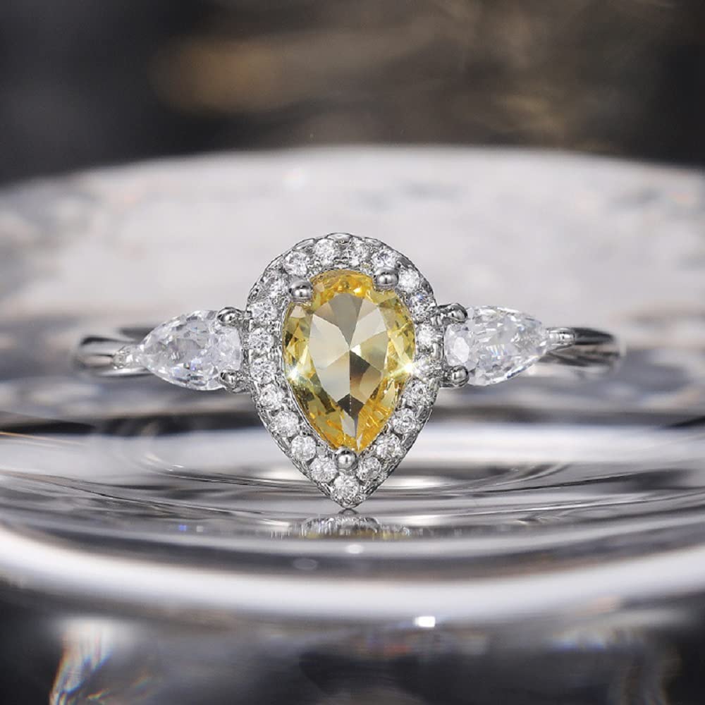 925 Sterling Silver CZ Sparkling Full Diamond Simple Yellow Waterdrop Pear Shaped Zircon Ring for Women Fashion Business Accessory Ring Eternity Engagement Wedding Ring Promise Ring 539 (6)