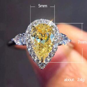 925 Sterling Silver CZ Sparkling Full Diamond Simple Yellow Waterdrop Pear Shaped Zircon Ring for Women Fashion Business Accessory Ring Eternity Engagement Wedding Ring Promise Ring 539 (6)