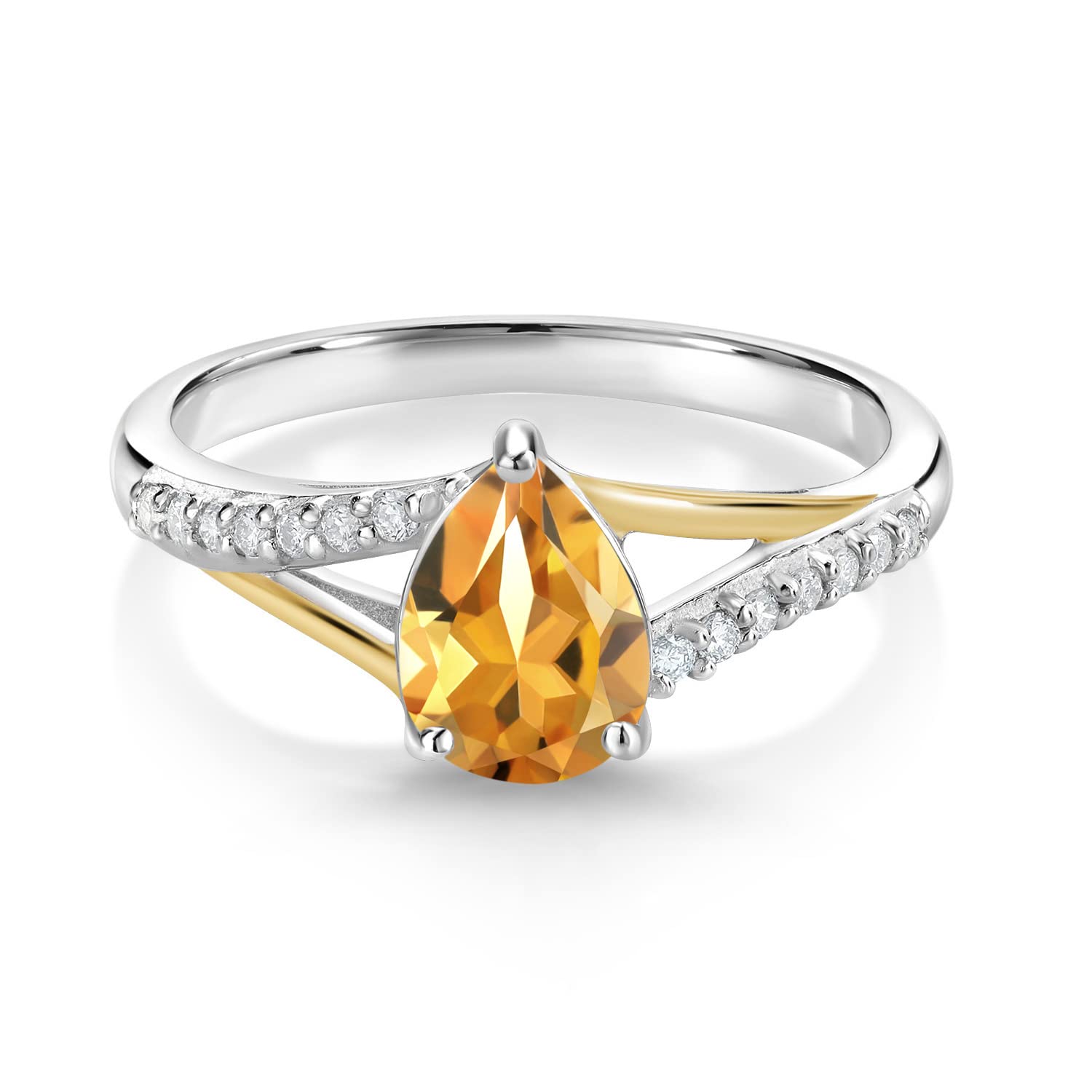 Gem Stone King 925 Silver and 10K Yellow Gold 8X6MM Pear Shape Gemstone Birthstone and White Lab Grown Diamond Engagement Ring For Women | Available In Size 5, 6, 7, 8, 9