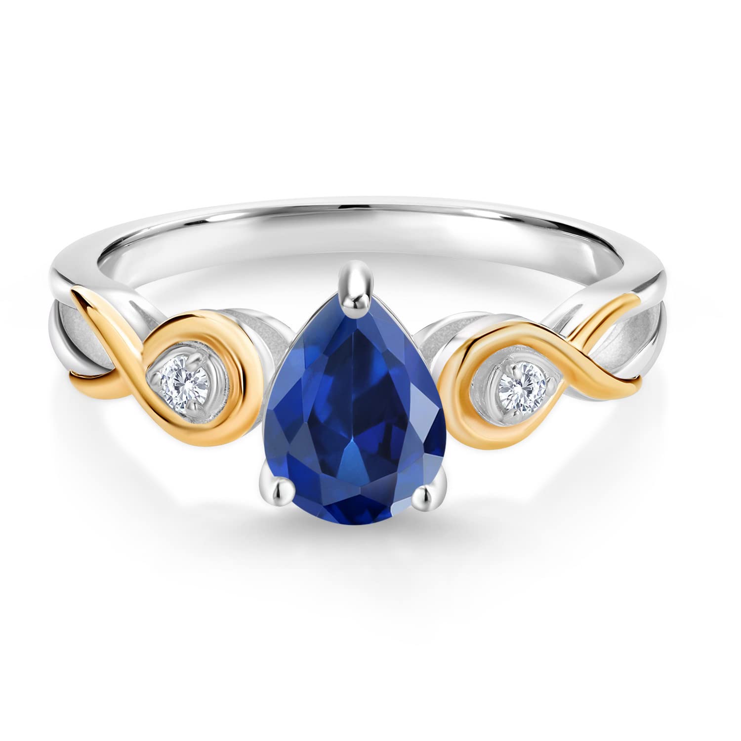 Gem Stone King 925 Sterling Silver and 10K Yellow Gold Pear Shape Blue Created Sapphire and White Lab Grown Diamond Ring For Women (2.05 Cttw, Available In Size 5, 6, 7, 8, 9)