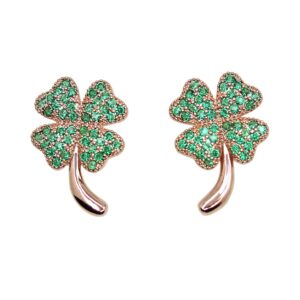 Faship Green Cubic Zirconia CZ Crystal Shamrock Clover 4 Leaf Stud Earrings - Green/Rose Gold Plated