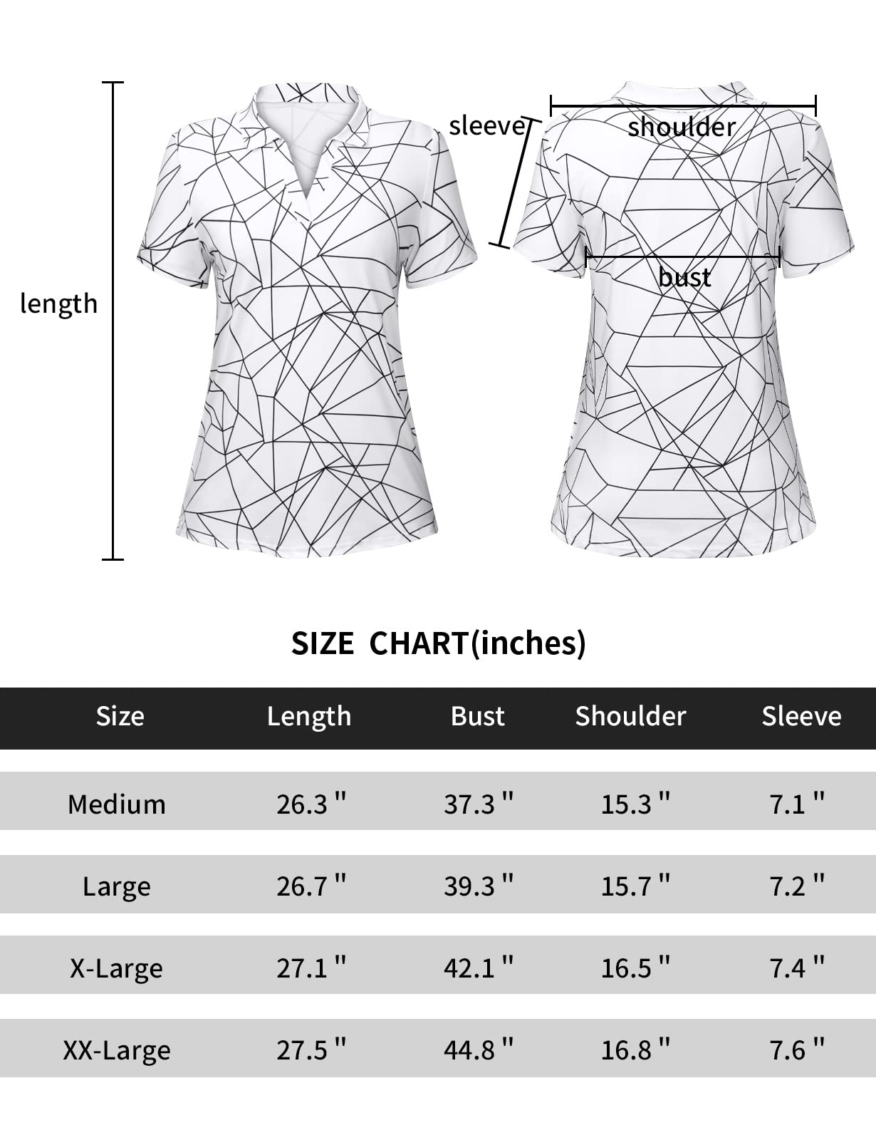 Cucuchy Women's Golf Clothing Golf Shirt UPF50+ Sun Protection Short Sleeve Workout Moisture Wicking Athletic Shirts Polo V Neck Tops Geometry White M