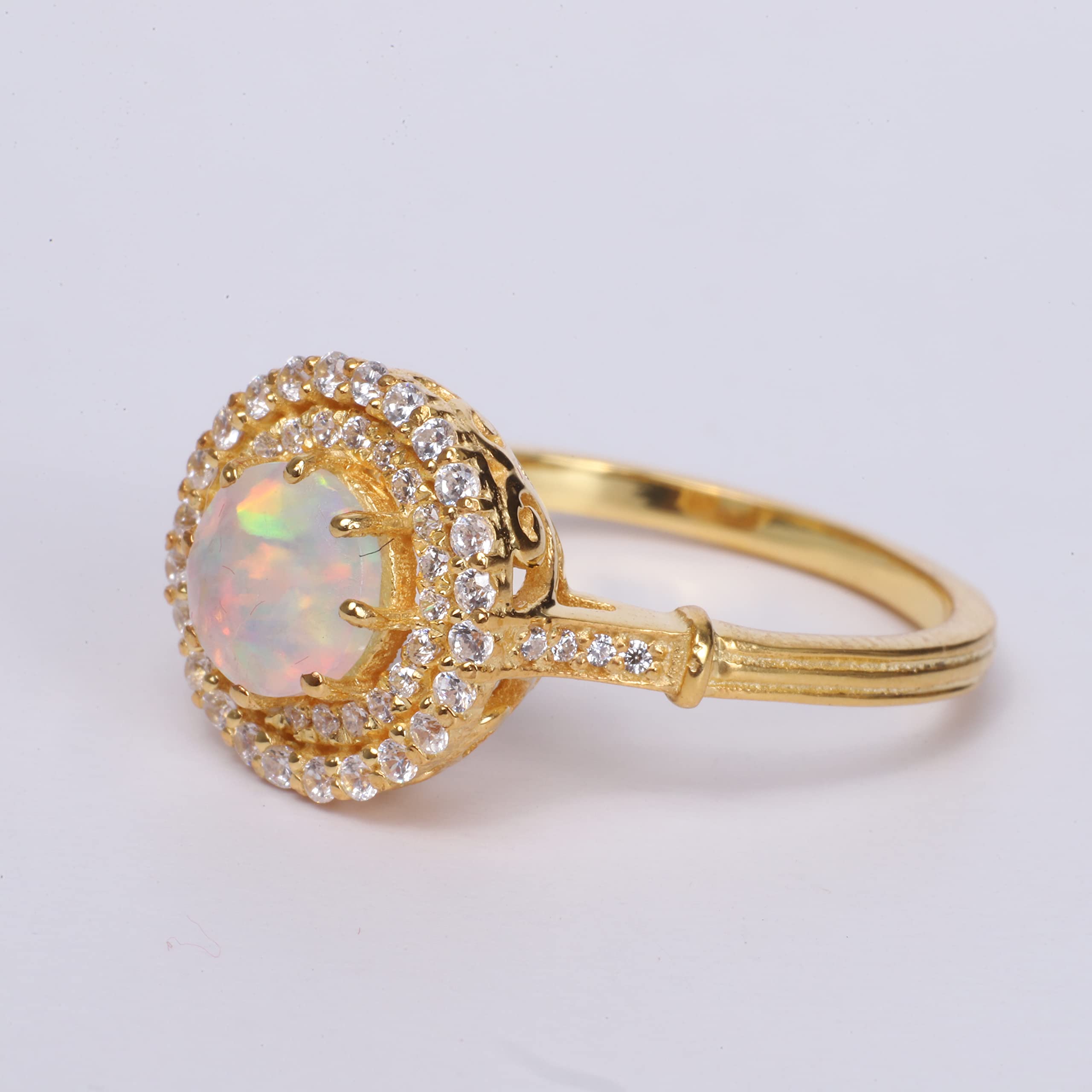 Women's Solid Gold Opal Ring White Bridesmaid Round Engagement Wedding Ring For Her Anniversary Jewelry Rings For Women BY KANISHKA GEMS JEWELS (14k Solid Yellow Gold, 6 US)