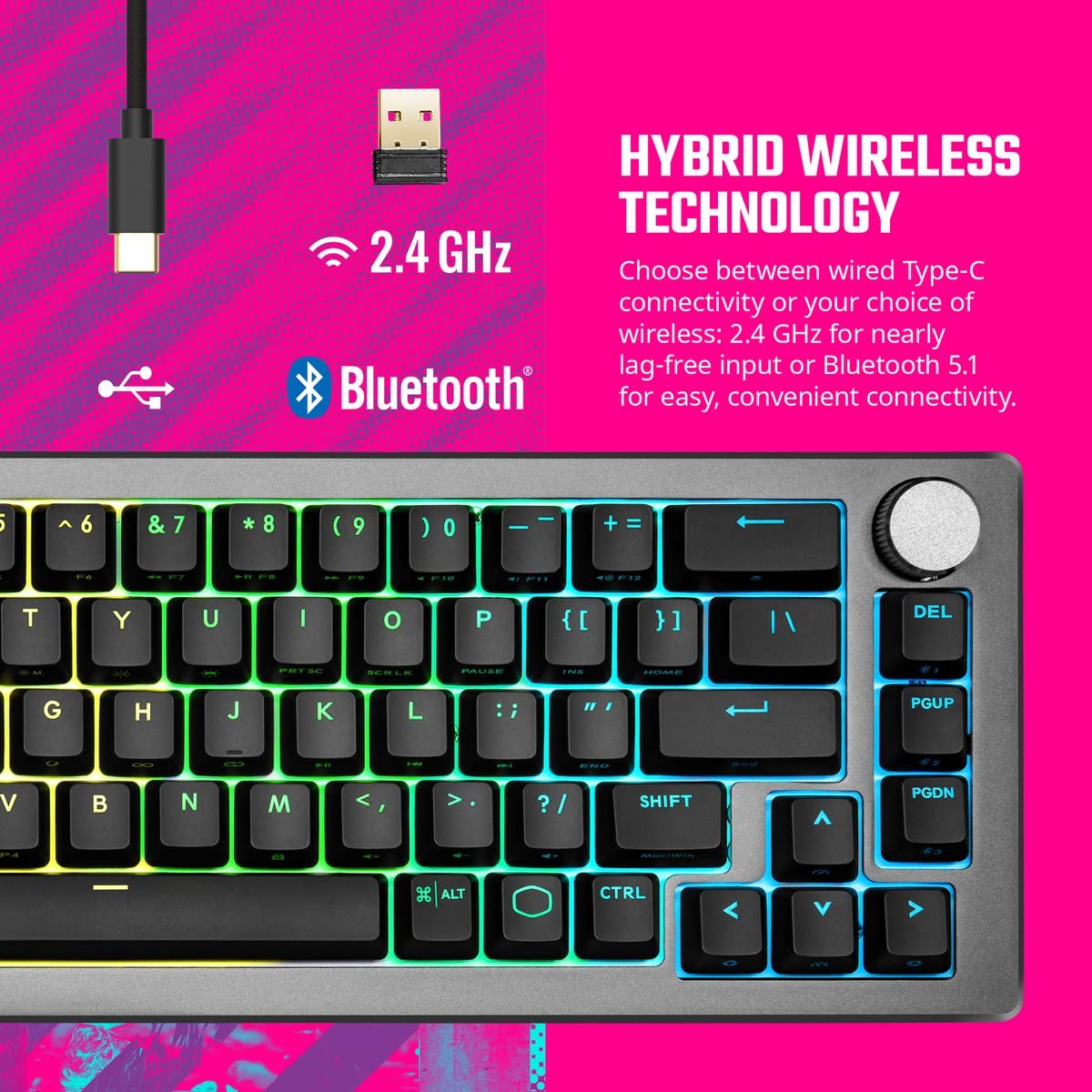 Cooler Master CK721 65% Hybrid Wireless 2.4GHz/Bluetooth Space Gray Mechanical Gaming Keyboard, Tactile Brown Switches, Customizable RGB, Ergonomic Design, 3-Way Dial, QWERTY (CK-721-GKTM1-US)