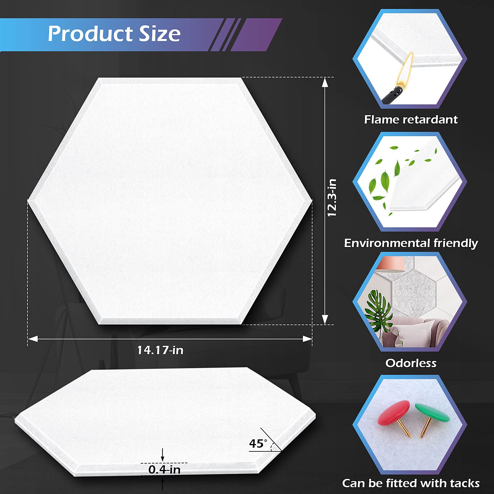 DEKIRU 12 Pack Self adhesive Hexagon Acoustic Panels Sound Proof Foam Panels, 14 X 13 X 0.4 Inches Soundproof Wall Panels For Office Ceiling &Door (White)