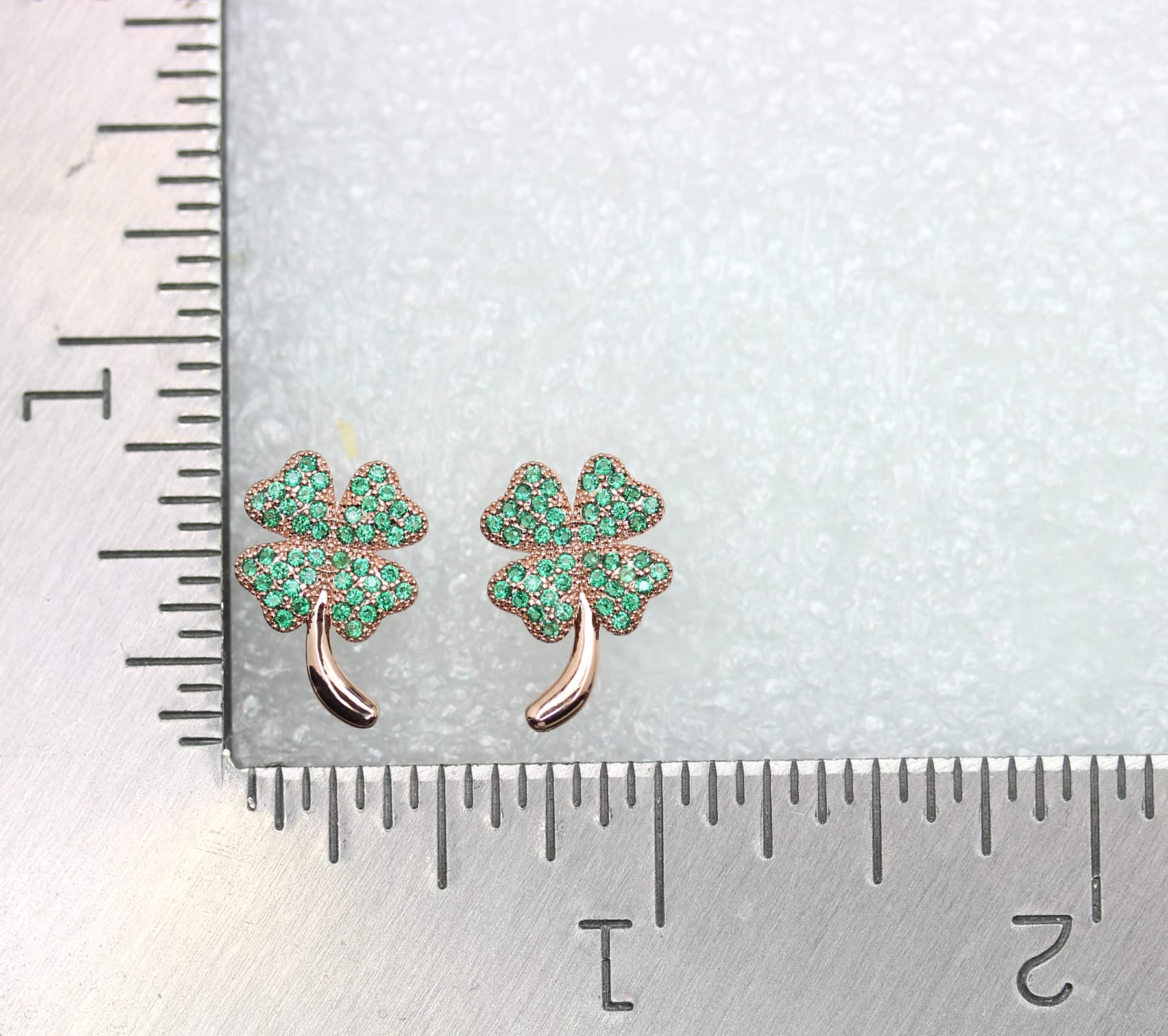 Faship Green Cubic Zirconia CZ Crystal Shamrock Clover 4 Leaf Stud Earrings - Green/Rose Gold Plated