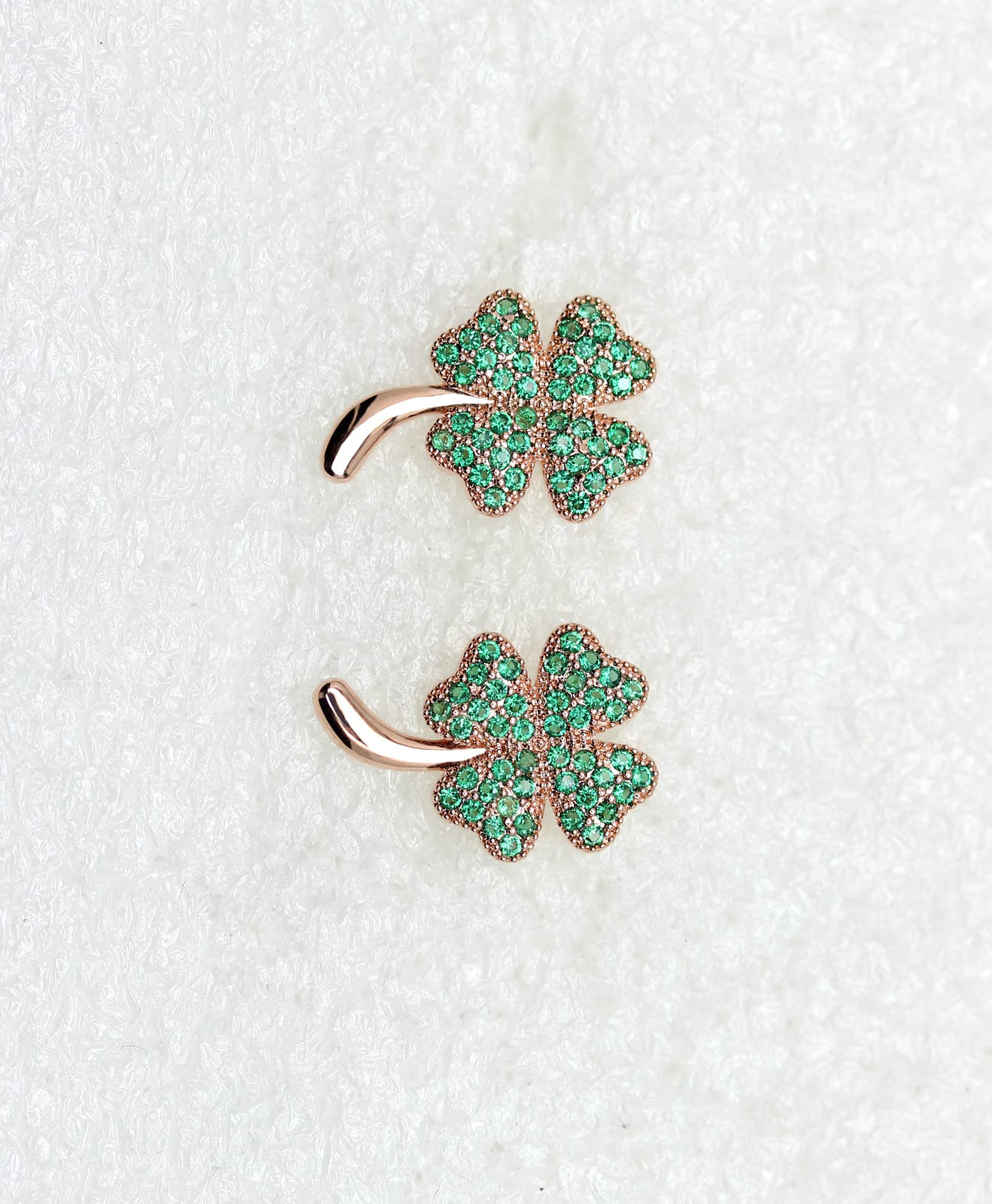 Faship Green Cubic Zirconia CZ Crystal Shamrock Clover 4 Leaf Stud Earrings - Green/Rose Gold Plated