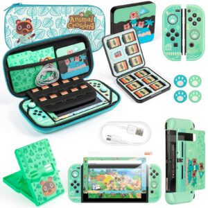 gefacr gefacr case for switch with animal crossing,switch accessories bundle carry case & protective case cover,screen protector & thum green