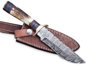 custom handmade hunting knife skinner fixed blade knife damascus steel 10'' overall stag 'antler hanlde with sheath