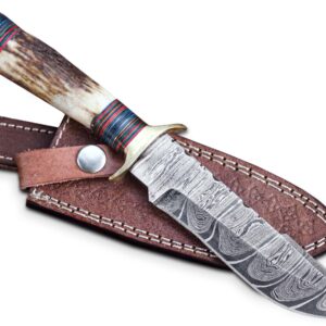 Custom Handmade Hunting Knife Skinner Fixed Blade Knife Damascus Steel 10'' Overall stag 'antler hanlde With Sheath