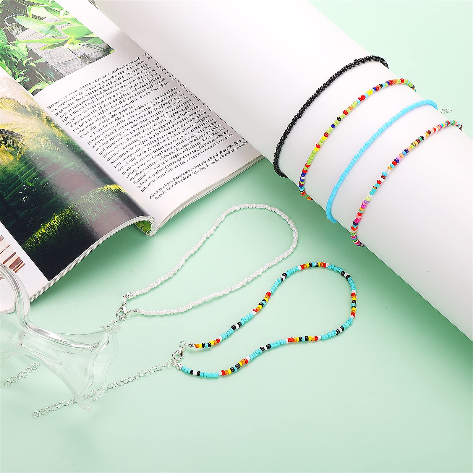 Yolev 6 Pieces Colorful Tiny Seed Beaded Necklace Boho Beads Choker Seed Beaded Choker Necklace Beach Necklace Chain Jewelry for Women