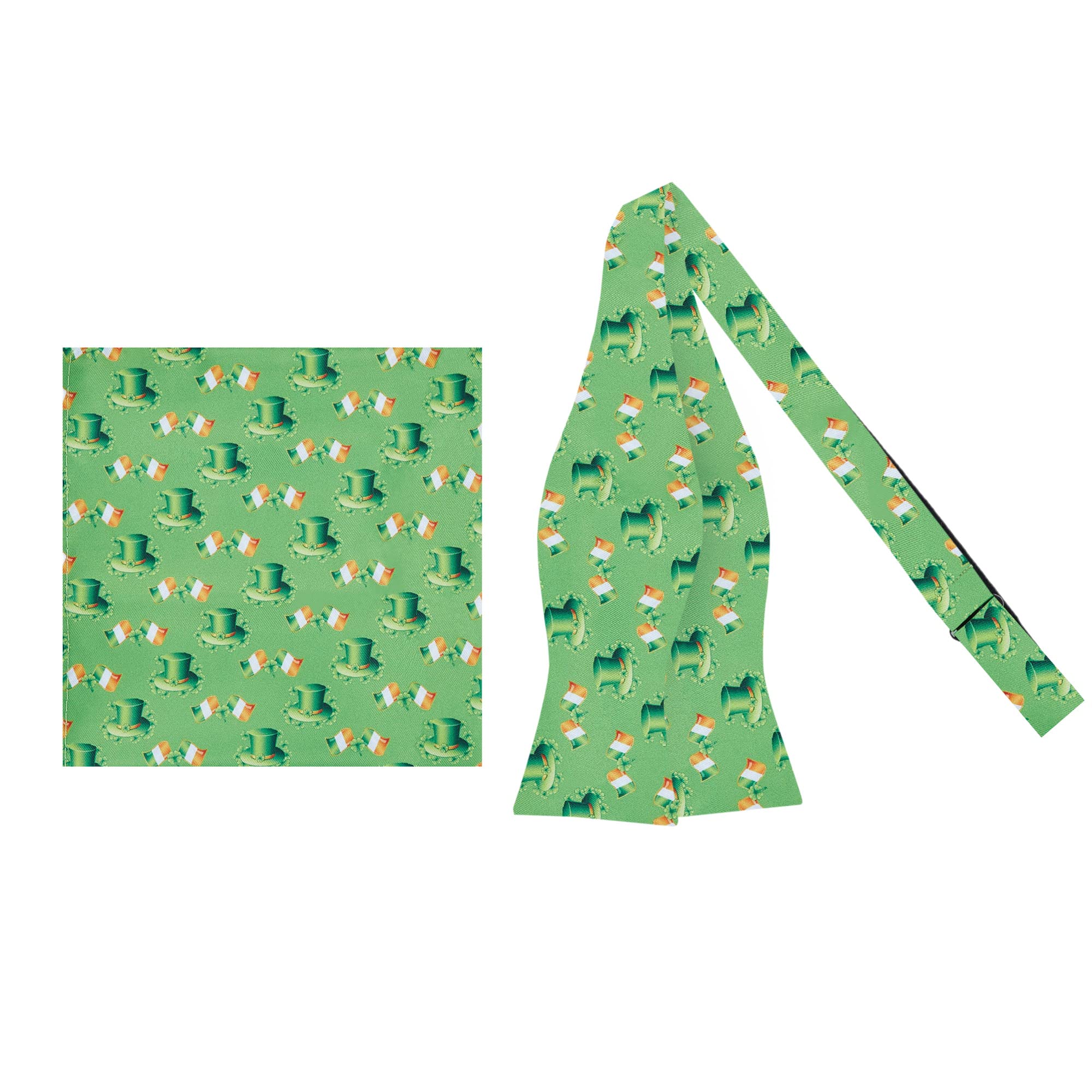 Jacob Alexander 2 Pc Set Men's St. Patrick's Day Leprechaun Hat Ireland Flag Diagonal Self-Tie Bow Tie Hanky Green