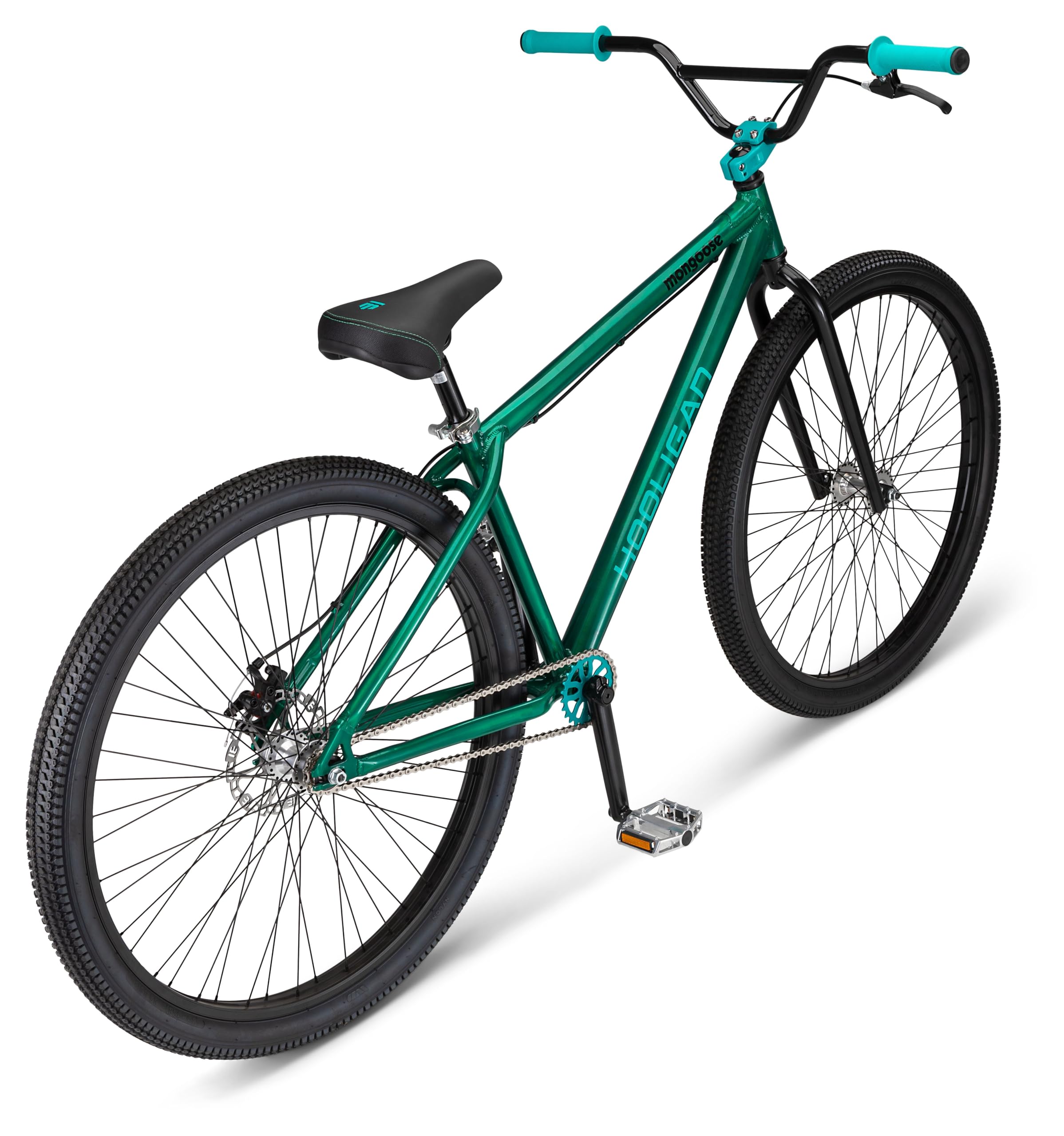 Mongoose Hooligan AL Adult BMX bike, 29x3-Inch Wheels, Lightweight Aluminum Frame, Single Speed, Disc Brakes, Green