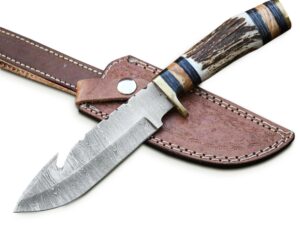 custom handmade hunting knife gut hook skinner fixed blade knife damascus steel 10'' overall with sheath