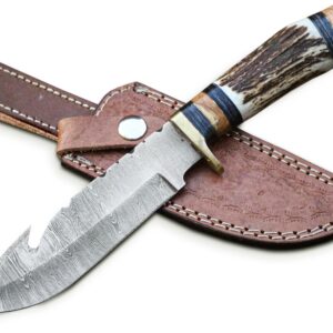 Custom Handmade Hunting Knife gut hook Skinner Fixed Blade Knife Damascus Steel 10'' Overall With Sheath